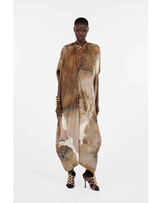 Roberto Cavalli Multicolor Caftan With Affresco Printed On Silk Twill