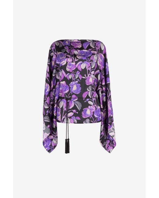 Roberto Cavalli Purple Rose-Print Silk Kaftan Top
