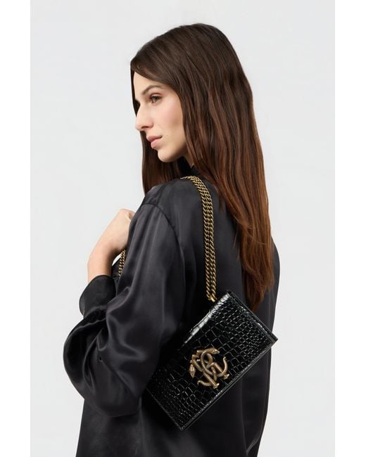 Roberto Cavalli Black Croc-Effect Bag With Monogram Rc