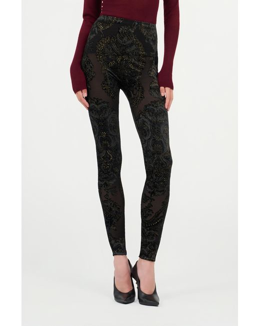 Roberto Cavalli Black Devoré Chenille Leggings With Ornamental Print