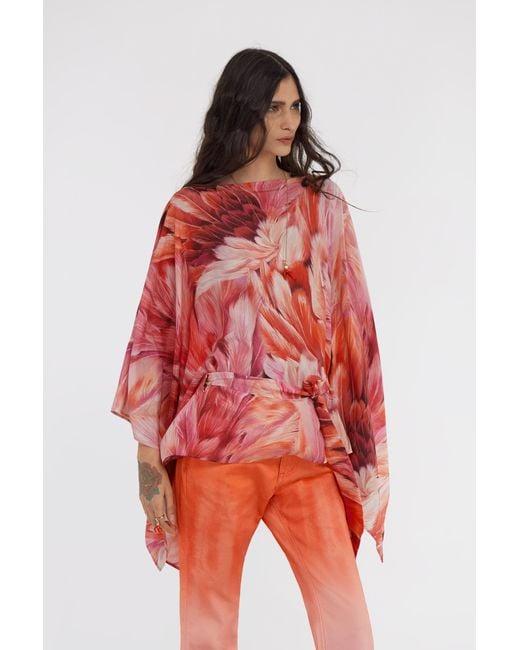 Roberto Cavalli Red Plumage Print Short Kaftan