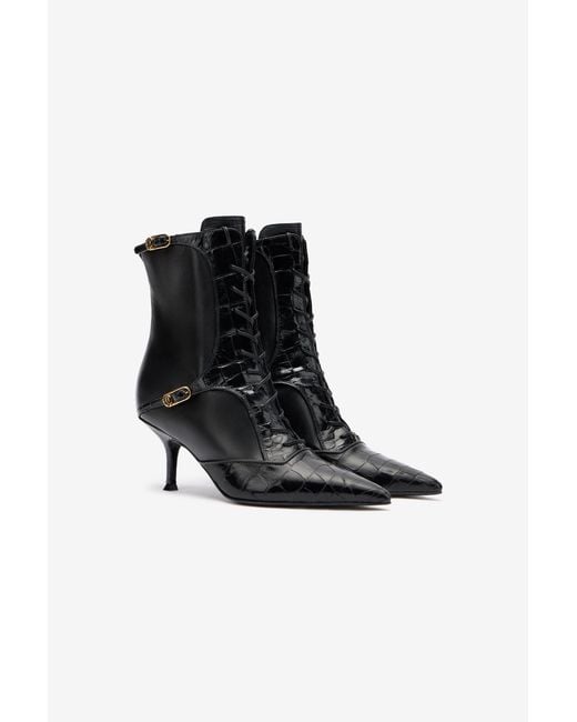 Roberto Cavalli Black Crocodile-Effect Lace-Up Ankle Boots