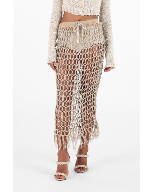 Roberto Cavalli Natural Long Mesh Skirt With Fringes