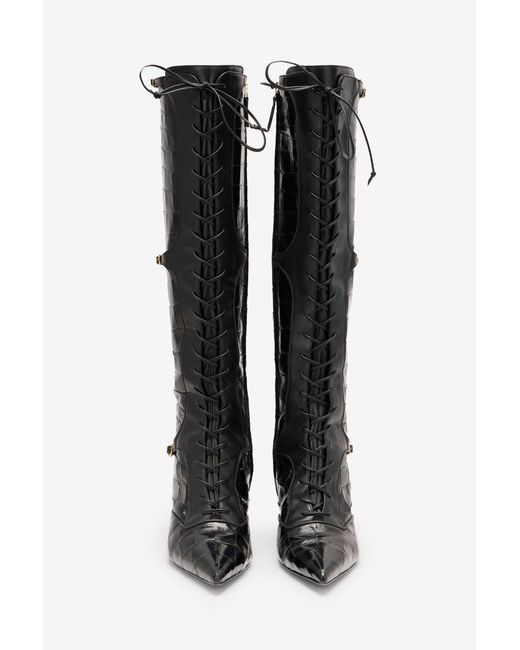 Roberto Cavalli Black Pointed Lace-Up Boots With Crocodile Effect