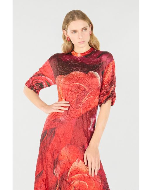Roberto Cavalli Red Crinkled Asymmetric Dress With Rose Print