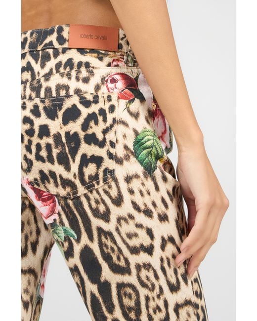 Roberto Cavalli Natural Jaguar Roses Print Flared Jeans
