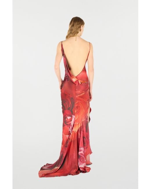 Roberto Cavalli Red Long Dress With Rose Print And Bejeweled Tiger