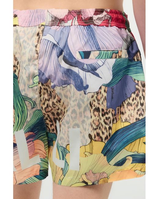 Roberto Cavalli Blue Swim Shorts With Floral And Jaguar Skin Print for men
