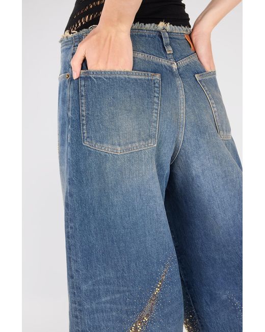 Roberto Cavalli Blue Jeans With Rhinestoned Zebra Pattern