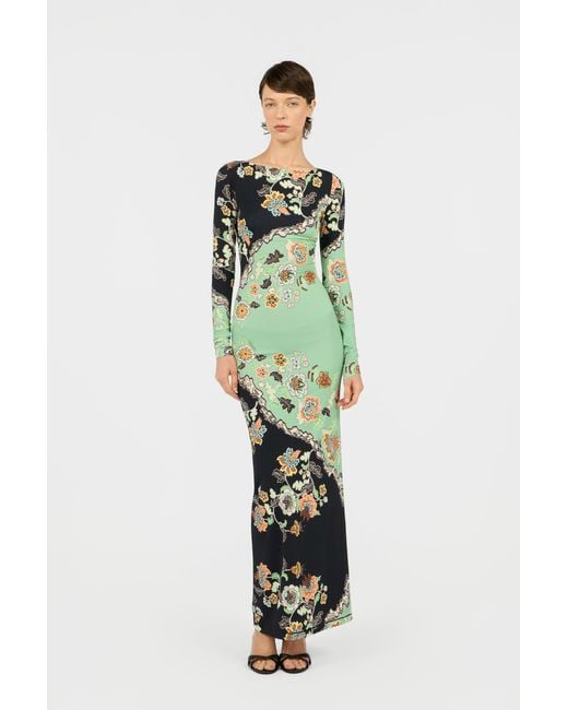 Roberto Cavalli Green Kimono Print Maxi Dress