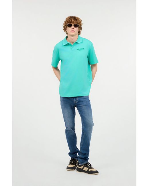 Roberto Cavalli Blue Polo Shirt With Top-Stitched Jc Monogram for men