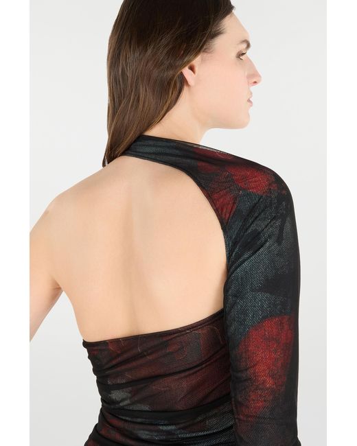 Roberto Cavalli Black One-Sleeve Sweater With Rose And Snake