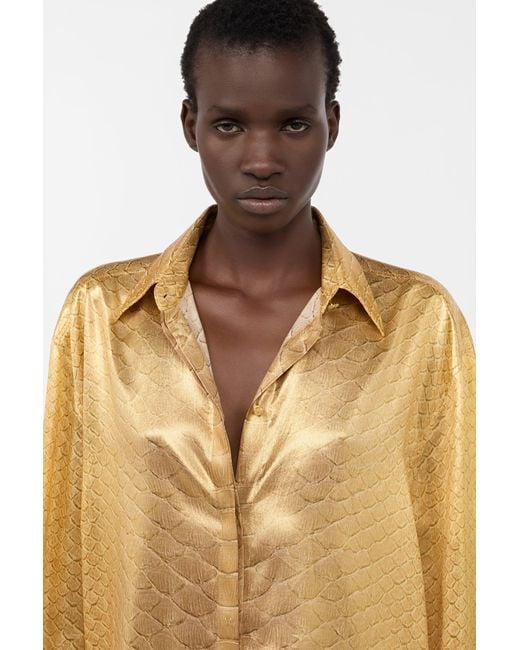 Roberto Cavalli Metallic Golden Silk Shirt With Serpentine Print