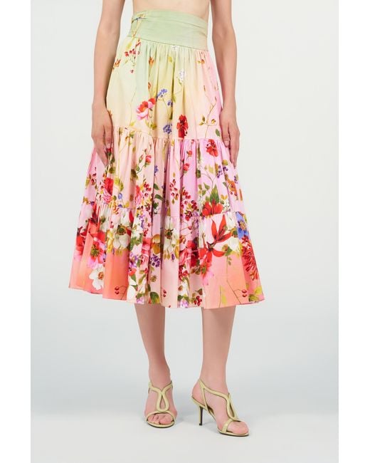 Roberto Cavalli Red Midi Skirt With Miami Flowers Print