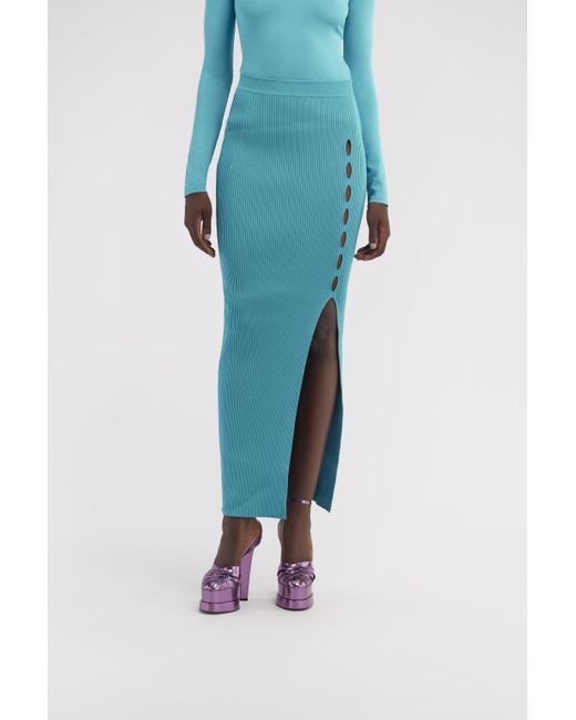 Roberto Cavalli Blue Ribbed Long Skirt With Cut-Out