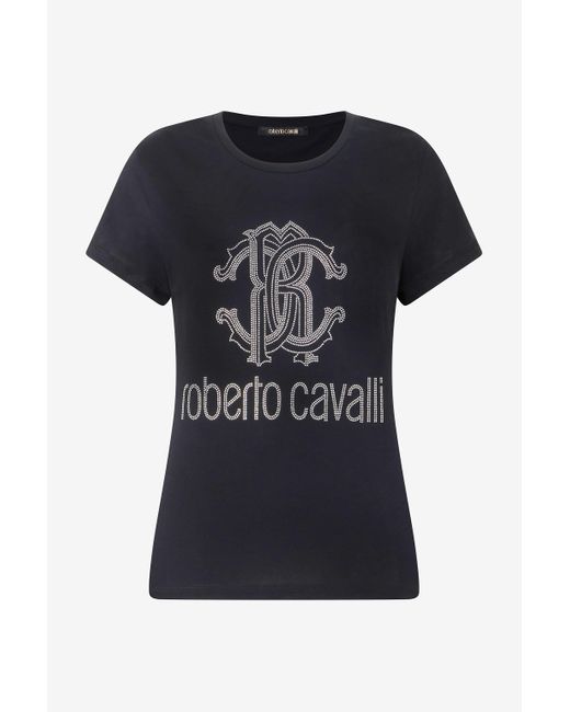 Roberto Cavalli Black T-Shirt With Rc Monogram And Logo With Studs