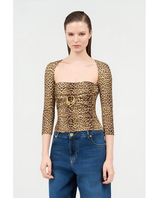 Roberto Cavalli Brown Long-Sleeve Top With Baby Jaguar Print