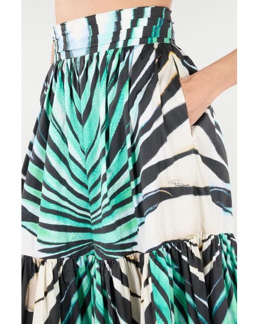 Roberto Cavalli Green Ray Of Sea Print Cotton Midi Skirt