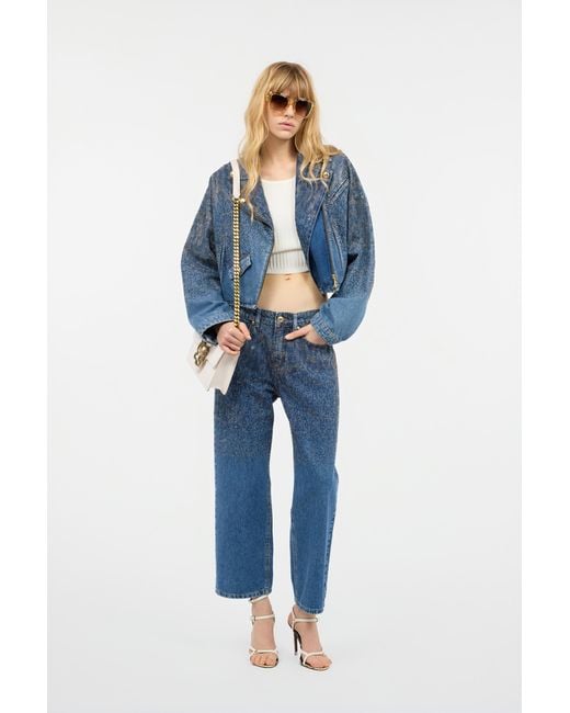 Roberto Cavalli Blue Cropped Denim Jacket With Rhinestones