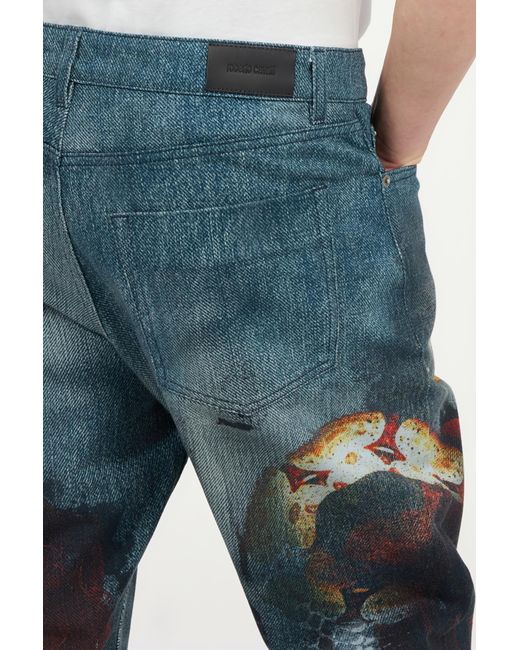Roberto Cavalli Blue Jeans With Rose And Snake Print for men