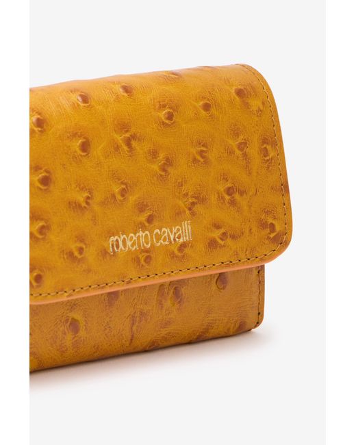 Roberto Cavalli Orange Ostrich-Effect Flap Card Holder