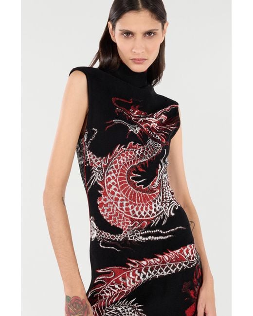 Roberto Cavalli Black Mini Dress With Floral And Dragon Pattern