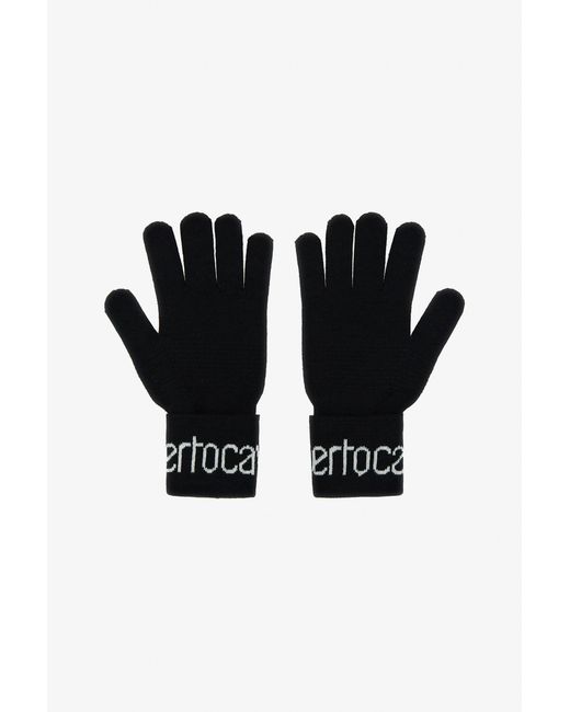 Roberto Cavalli Black Wool Blend Gloves With Logo
