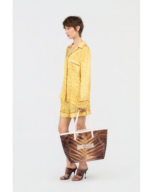 Roberto Cavalli White Natural Barb Print Shopping Bag