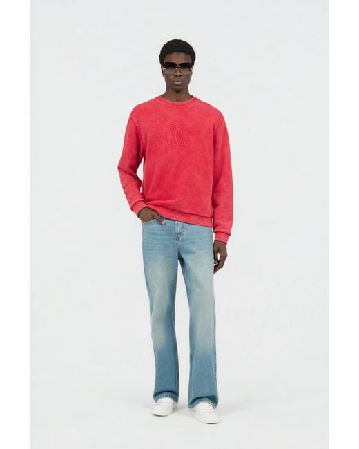 Roberto Cavalli Red Stone-Washed Sweatshirt With Monogram Rc for men