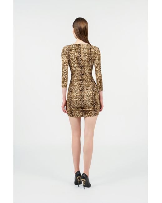 Roberto Cavalli Natural Mini Dress With Baby Jaguar Print And Cut-Out Detail