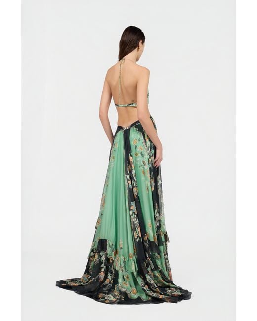 Roberto Cavalli Green Kimono Print Silk Maxi Dress