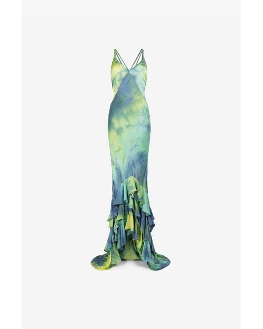Roberto Cavalli Green Tie-Dye Print Ruffle-Hem Maxi Dress