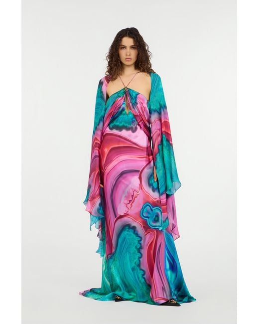 Roberto Cavalli White Long Silk Dress With Cut-Out And Marble Print
