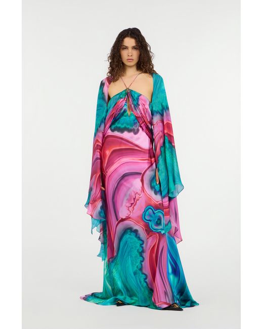 Roberto Cavalli White Long Silk Dress With Cut-Out And Marble Print