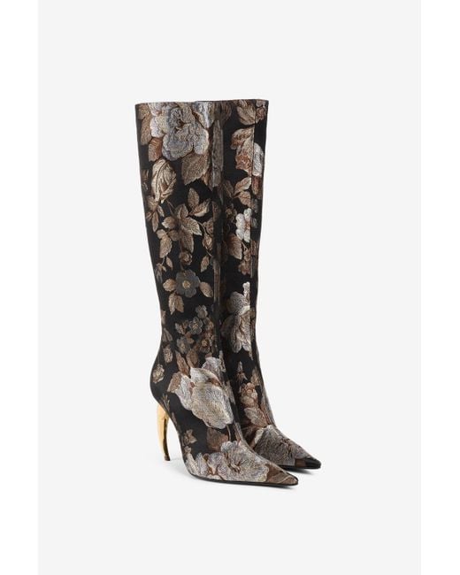 Roberto Cavalli Black Floral-Brocade Tiger Tooth Knee-High Boots