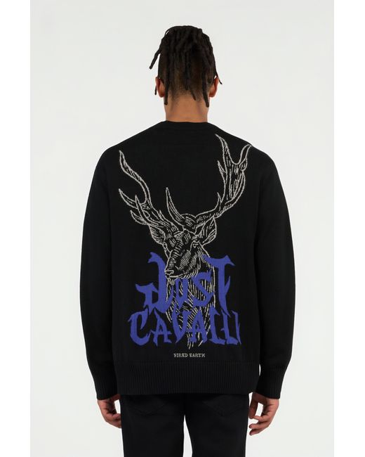 Roberto Cavalli Black Sweater With Deer Motif for men
