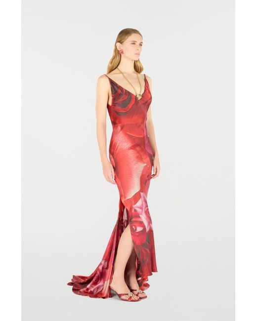 Roberto Cavalli Red Long Dress With Rose Print And Bejeweled Tiger