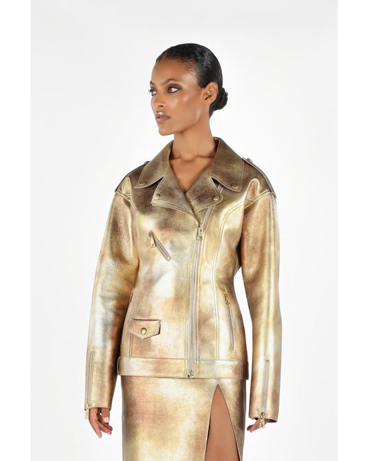 Roberto Cavalli Natural Laminated Leather Biker Jacket