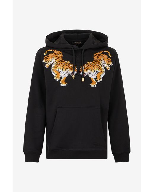 Roberto Cavalli Black Hooded Sweatshirt With Tiger Embroidery for men