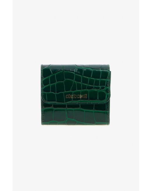 Roberto Cavalli Green Croc-Embossed Leather Card Case