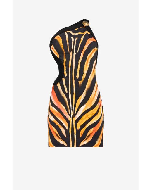 Roberto Cavalli Zebra-print One-shoulder Mini Dress in Black | Lyst