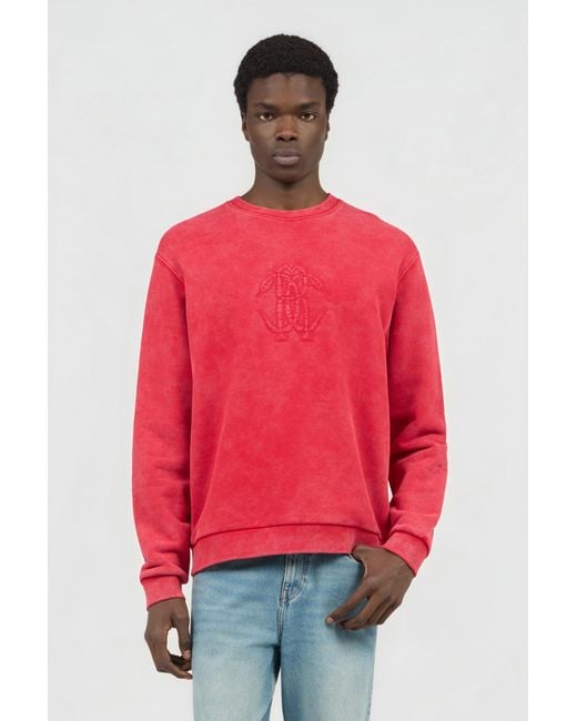Roberto Cavalli Red Stone-Washed Sweatshirt With Monogram Rc for men