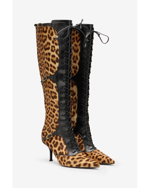 Roberto Cavalli Black Pointed Lace-Up Boots With Leopard Skin