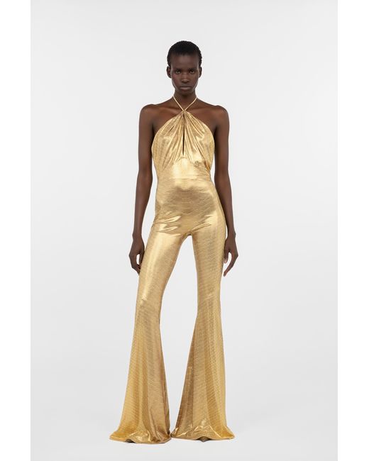 Roberto Cavalli Metallic Golden Jumpsuit With Serpentine Print