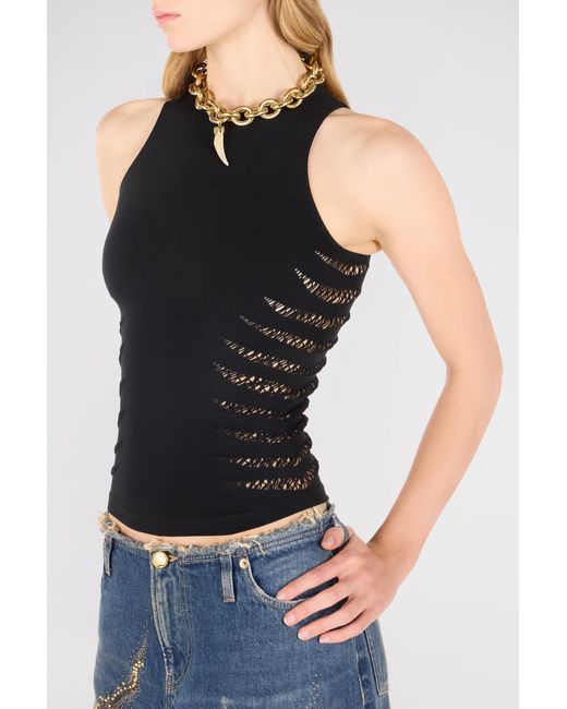 Roberto Cavalli Black Vest Top With Openwork Zebra Pattern
