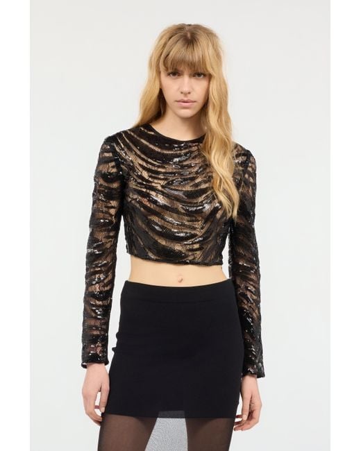 Roberto Cavalli Black Crop Top With Rhinestone-Detailed Zebra Design