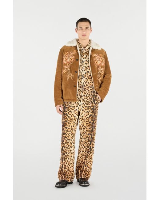 Roberto Cavalli Brown Suede Leather Jacket With Flowers And Tigers for men