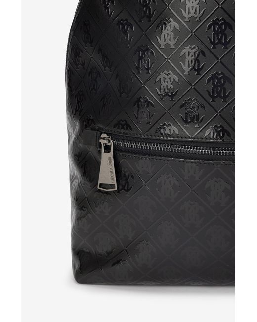 Roberto Cavalli Black Backpack With All-Over Mirror Snake Monogram for men