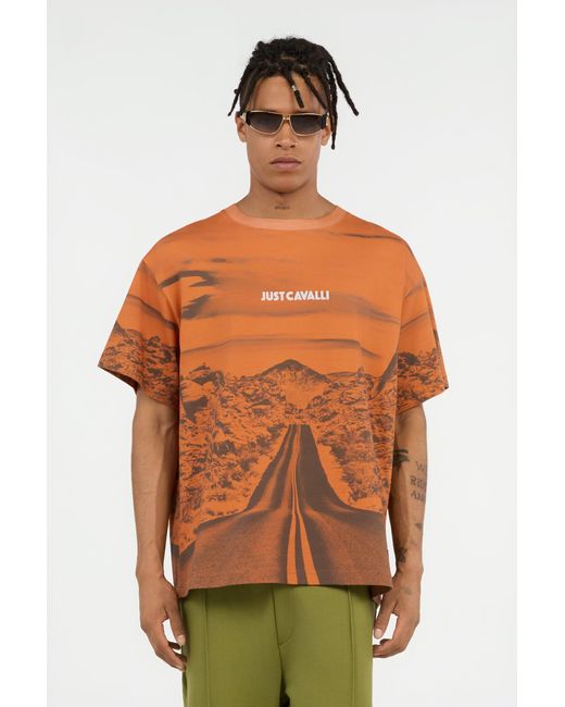 Roberto Cavalli Orange Long Way Print T-Shirt for men