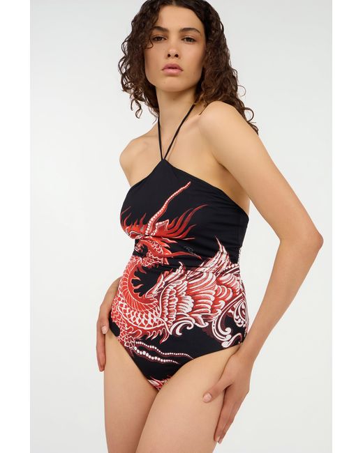 Roberto Cavalli Red Bodysuit With Dragon, Flowers And Fans